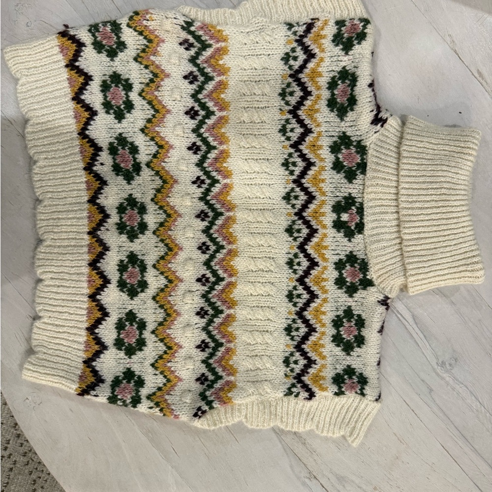 Zara Cream Fair Isle Turtleneck Sweater Vest with Green and Pink Motifs